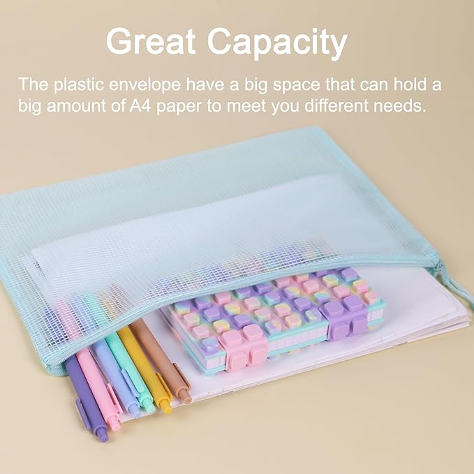 10 Pcs A4 Clear Zipper Pouch Bags - 5 Colors Plastic Mesh Storage Organizers for School Supplies, Office Travel Accessories & Classroom Organization (A4)