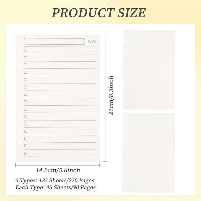 Multibey A5 Refill Paper, 3-Pack Planner Insert for A5 Binder, 100GSM Thick Refillable Paper 6 Hole Filler Inserts Loose Leaf Paper 135 Sheets (270 Pages), Blank/Lined/TO DO Inserts Paper