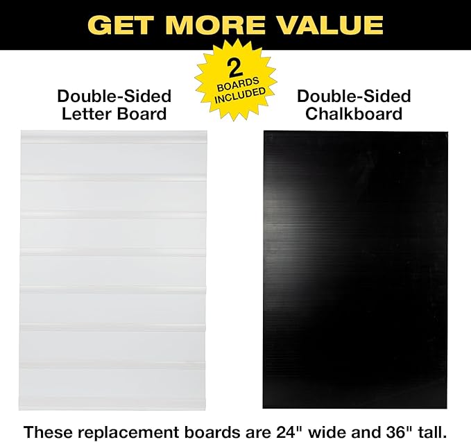 Excello Global Products 24"x36" Replacement Changable Letter Message Board for Swinging Signs. Includes Bonus Black Chalkboard. Compatible with 4 3/8" High Letters.