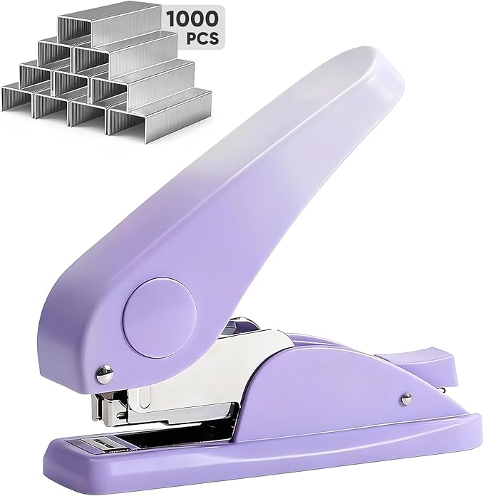Effort-Saving Office Desk Stapler with 1000 Standard 1/4" Staples, Heavy Duty Durable Standard Smooth Jam-Free Stapling, Perfect for Home, School, Office, Business, Paperwork - Purple