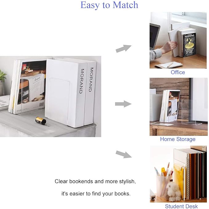 MerryNine 8 Pcs Plastic Acrylic Bookends, Clear Acrylic Non Skid Book Ends Organizer Bookshelf Decor Decorative Bedroom Library Office School Supplies Stationery Gift (7.08"x4.72"_4 Pairs)