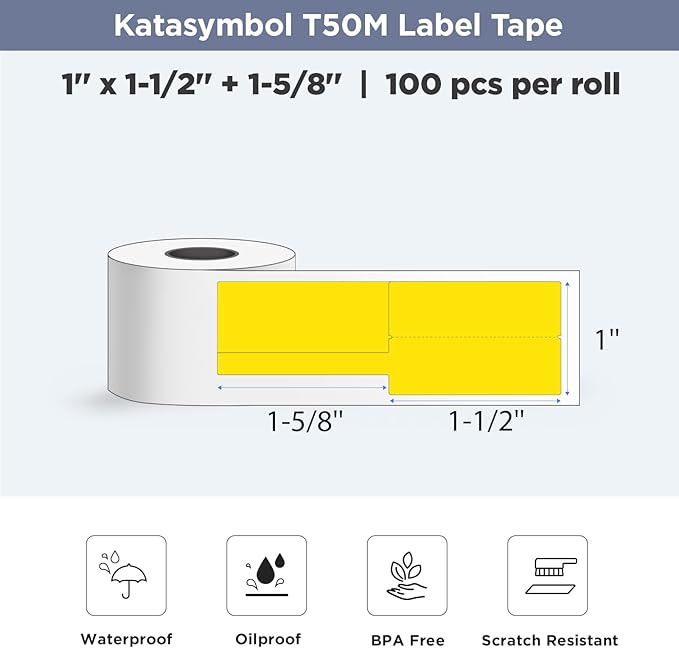 SUPVAN T50M Series Label Maker Tape, 0.98'' × 1.5'' + 1.58'' (25 × 38 + 40mm) 100 Labels/Roll Genuine Laminated Thermal Cable Label, Waterproof Oilproof Highly Adhesive Auto Detect Labels, Yellow