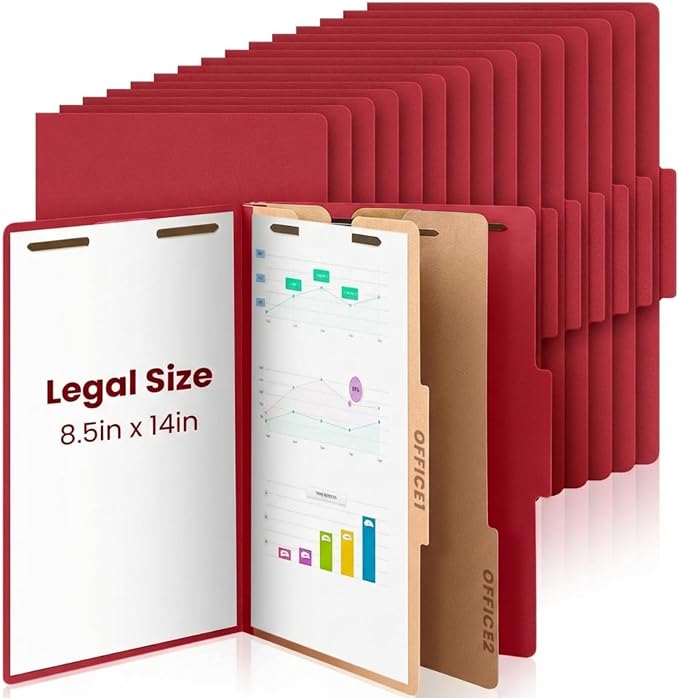 AmazingSpark 24 Pcs Legal Size Classification Folders Bulk 2 Dividers Pressboard File Folder with Expansion 2 Prongs Fastener Heavy Duty Office File Organizer for School Hospitals Home (Dark Red)