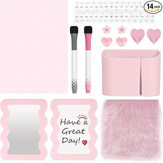 SKYDUE Locker Accessories Kit for Girls - Includes Rug, Wallpaper, Magnetic Mirror, Whiteboard, Pen Holder, Magnets, Stickers and Hooks, Pink Locker Decor & Organizer Set, Set 14 Piece