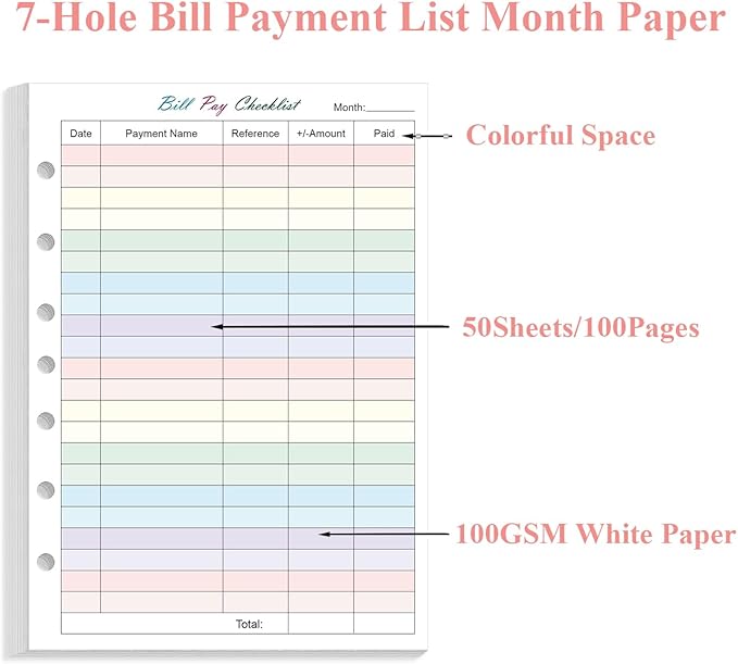 (2-Pack) Payment Checklist Refills Paper for Mini 3 or 7 Ring Binders - 50 Sheets/100 Pages Colorful Monthly Budget Forms, 7 Hole Punched/Desk Size 4, 100 gsm White Paper, 5.8" x 8.3"