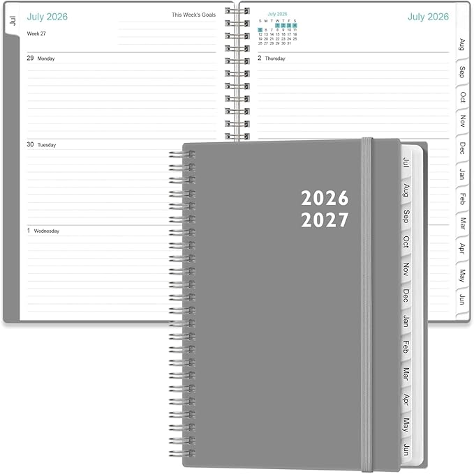 2026-2027 Planner - Weekly and Monthly Calendar Planner from Jul 2026 - Jun 2027, Planner 2026-2027 Spiral Bound with 12 Monthly Tabs, Inner Pocket, Perfect for School Office Supplies, 6.4" x 8.5", Grey-C