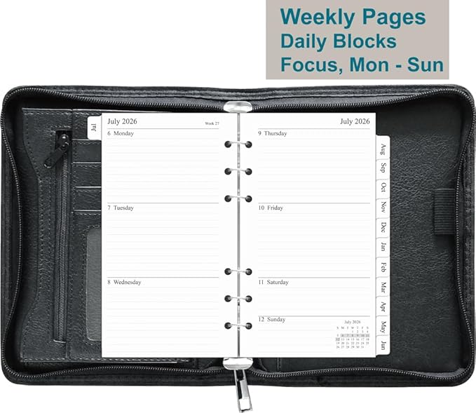 Fan&Ran 2026-2027 Zipped Planner Organizer, Weekly and Monthly Refills with Simulated Leather Cover, Personal Size, Black