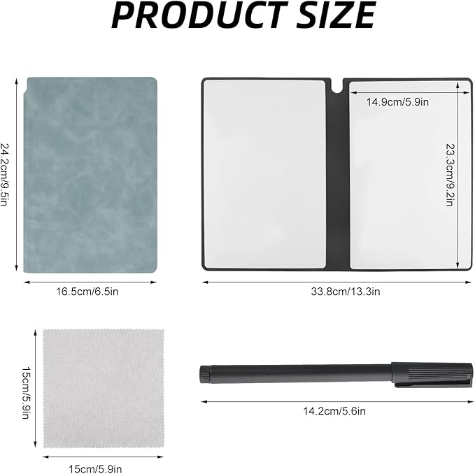 Reusable A5 Dry Erase Notebook Include a Wipeable Pen and Rag,9.4x6.5 Inch Erasable Notebook Whiteboard Notebook,Wipeable Notebook PU Hardcover for Office and Taking Notes(Light Cyan)