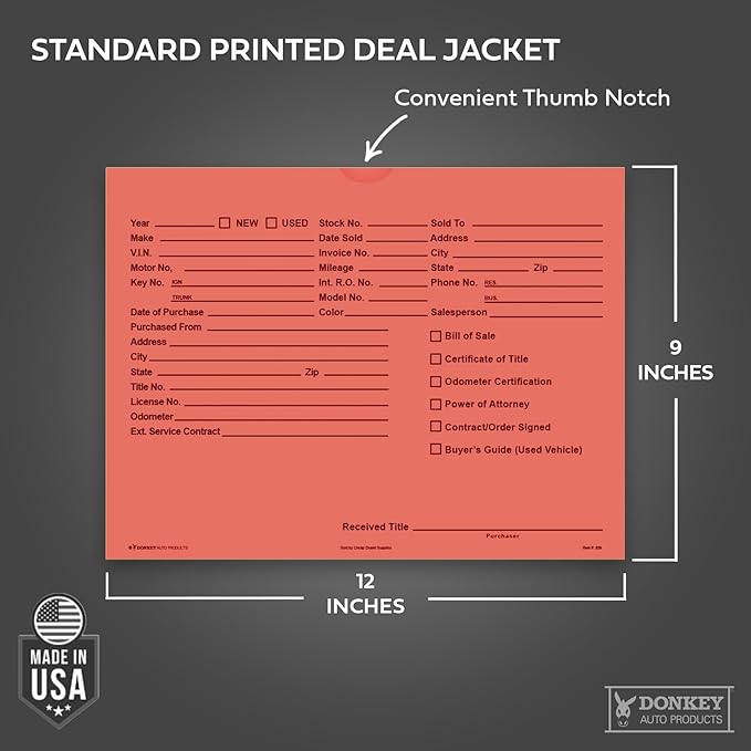 Printed Vehicle Deal Envelopes 9x12 Deal Jackets (100 shrink wrapped) (Salmon)