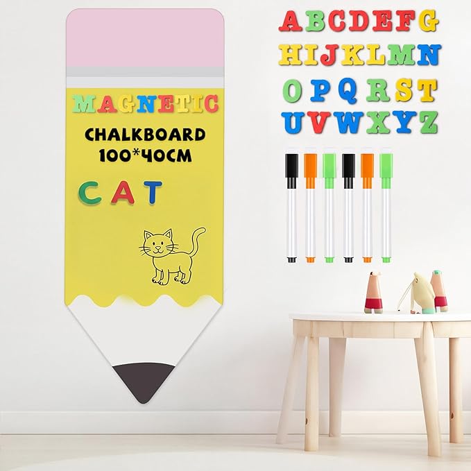 AmazingSpark Magnetic Chalkboard for Wall 39.2" x 15" Pencil Wall Decal Self Adhesive with 26 EVA Magnet Letters and 6 Dry Erase Markers for Kids Playroom, School, Classroom, Home Decor