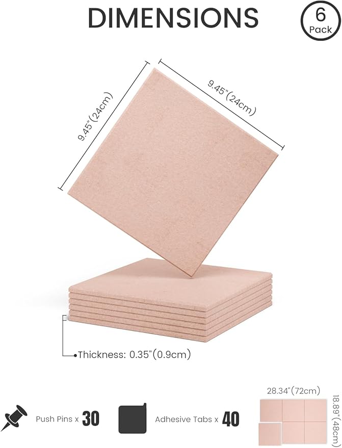 Fluxynara Felt Bulletin Board Tiles -28"x18" Cork Board Alternative for Office Decor, Push Pin Board Wall Organizer 6-Pack - Pink