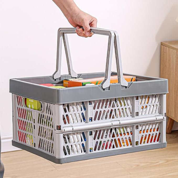 Domiella 2-Pack Foldable Storage Baskets, Collapsible PP Crates with Handles - 20L Capacity, Strong and Portable for Home Organization, Picnic and Shopping, Grey