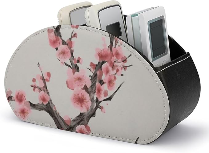 Cherry Blossom Tree Branch Remote Control Holder TV Remote Caddy with 5 Compartments PU Leather Storage Box Stylish Desk Organizer for TV/DVD/Accessories Desk Office Supplies Home