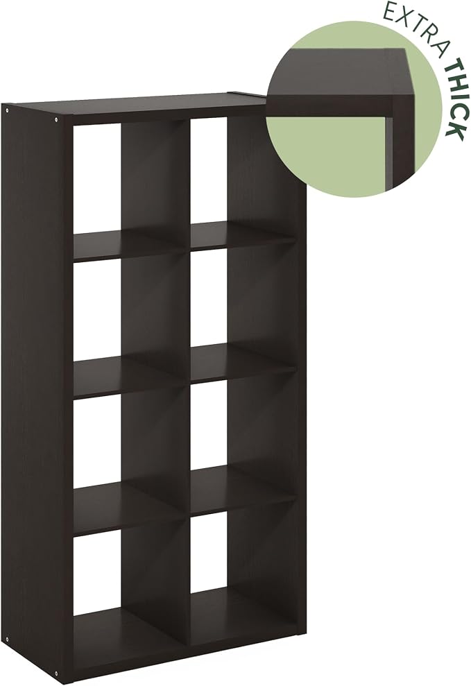 Furinno CUBICLE Book Shelf, 8-Cube Bookshelf, Extra Thick Frame Horizontally & Vertically Reversible Bookcase with Open Back, 14.6" x 30" x 58", for Living Room, Bedroom, Home Office, Black Dark Oak