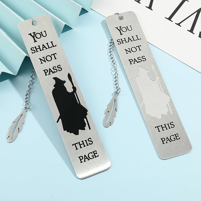 3Pcs Fantasy LOTR Metal Bookmarks Set, Elvish Leaf Pendant with Sword Charm, Evenstar Engraving, Epic Quotes Carved, Dark Academia Book Accessories, Gifts for Readers (B&W Gandalf)