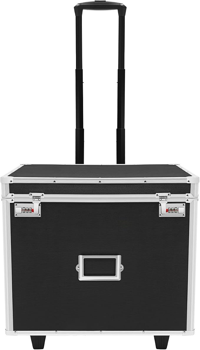 Rolling File Box with Telescopic Handle, Locking File Cabinet with Lock, Files Cart with Wheels, Mobile Business Case, Aluminum Alloy Hand Pull File Case for Home, Office, Bank - Black