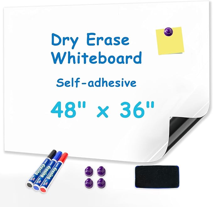 YOUNGJQ Magnetic Whiteboard for Wall 48" x 36" Self-Adhesive Magnetic Dry Erase White Board Sticker, Peel and Stick Wallpaper Easy to Write and Clean for Home Playroom Office