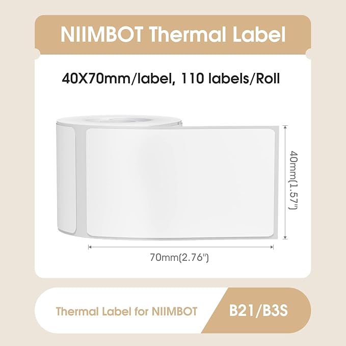 NIIMBOT Labels for B1/B21/B3S Label Maker, 1.57'' x 2.76'' (40x70mm) Thermal Sticker Label, Waterproof, Oil-Proof and Tear-Proof NIIMBOT Labels, 1 Roll of 110 Self-Adhesive Thermal Labels (White)