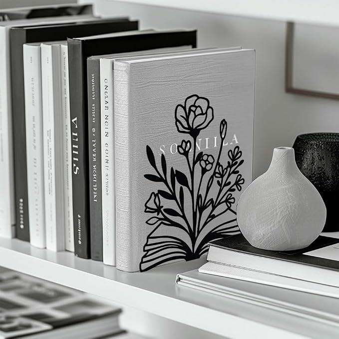 Peacoblue Metal Bookends for Shelves, Modern Decorative Heavy Duty Study Book Support Stoppers for Office, Desk, Shelf, Room 5.3"x4.3"x7.9" Cast Iron Simple Tall Bookends, 1 Pair (Books and Flowers)
