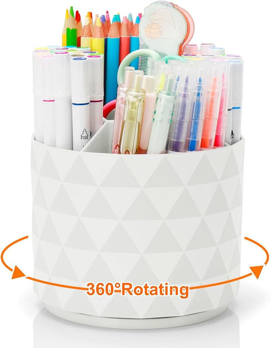 Cute Pencil Holders For Desk,360-Degree Rotating Pen Holders For Home Office,Diamond-like Pen Organizer With 5 Compartments,Stylish Desk Accessories For Office,School ,Home ,Art Supply (White)