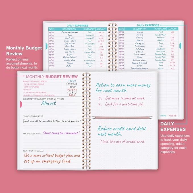 Budget Planner - Monthly Budget Book with Expense Tracker Notebook, Undated 12 Month Bill Organizer & Finance Planner to Manage Your Money, Account Book with Colorful Tabs, 8" x 9.5", Pink Watercolor