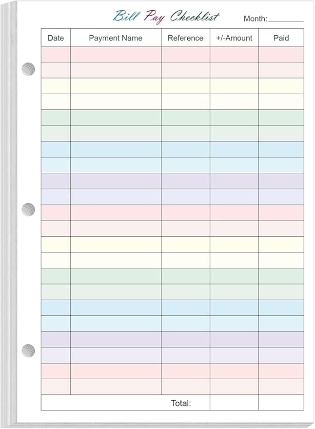 Half Letter Size Payment Checklist Refills for 3 Ring Mini Binder - 50 Sheets/100 Pages Colorful Monthly Budget Forms, 100 gsm White Paper, 5.8" x 8.3"