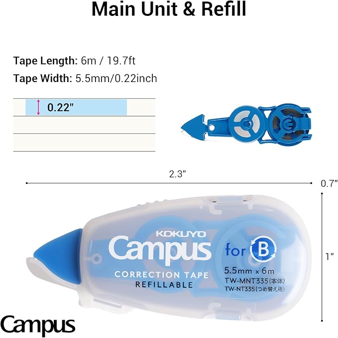KOKUYO Refillable Correction Tape and Refill, 19.7 ft (6 m) Small White Out 5.5 mm Wide Easy To Use Applicator for Instant Corrections, Metal Tip with Clean Cut, Compact Size. Japan Import (TW-MNT335)