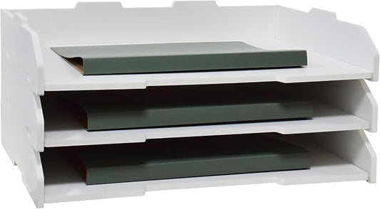 A3 Stackable Paper Tray, 3 Tier Desk File Organizer, Desktop Organizer for Office Supplies, File Storage, Letter Organizer /A3 Office File Folder,Home or Office School, White (Landscape-White-3-Tier)