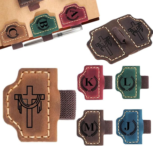 Custom Bookmark with Pen Holder with 26 Letters Personalized Magnetic Leather Book Mark, Customized Name Book Marker Clip with Initial for Men Women, Gifts for Book Lovers, Readers, (Brown, Cross-2)