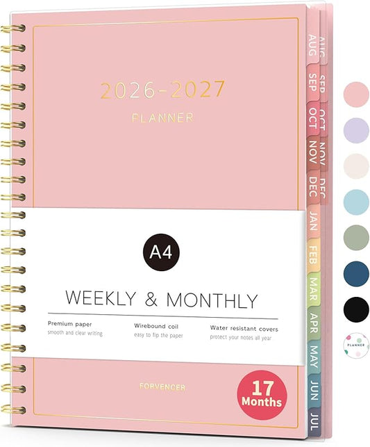 Aug 2026 - Dec 2027 Planner, Forvencer 17 Month Academic Planner 2026-2027, 8.5" x 11", Calendar Planner Weekly and Monthly, Daily Agenda Book, College School Supplies for Student Teacher, A4, Pink