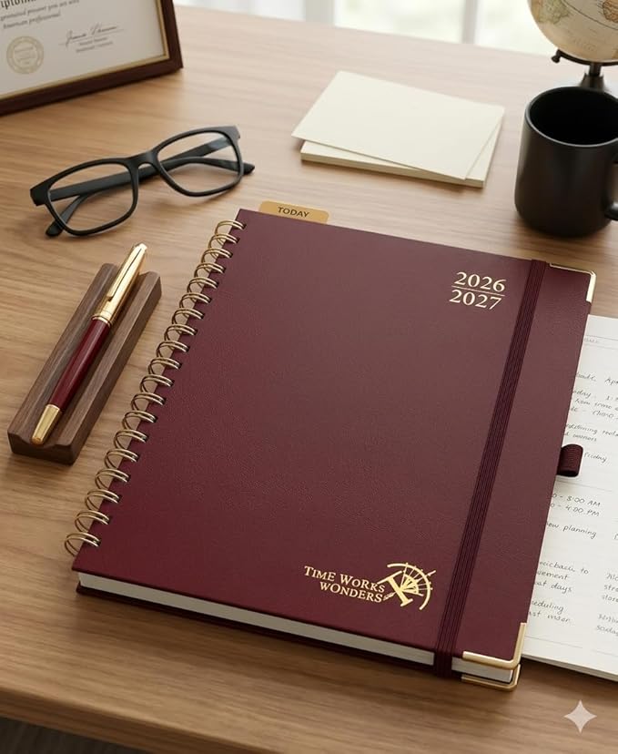 POPRUN 2026-2027 Academic Year Weekly and Monthly Planner Calendar,Jul 2026 - Jun 2027，10" x 8"， Daily Agenda Book & Appointment Book with Hourly Schedule, Tabs, Hardcover, School and Office Supplies - Burgundy
