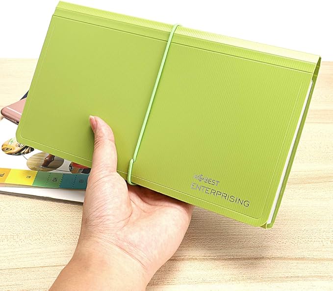 BTSKY Expanding File Folder - New 13 Pockets Handy Accordion File Organizer for Receipts Coupons Cards Tickets Tax Item File Storage Folder Check Bill Plastic Accordion Wallet Case(with Rope,Green)