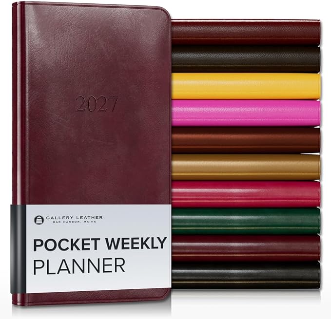 Gallery Leather Pocket Weekly Monthly Planner 2027, Elegantly Bound Calendar Planner and Notebook with Stylish Gold-Gilded Page Edges, 12 Months - Acadia Burgundy - 6x3.25"