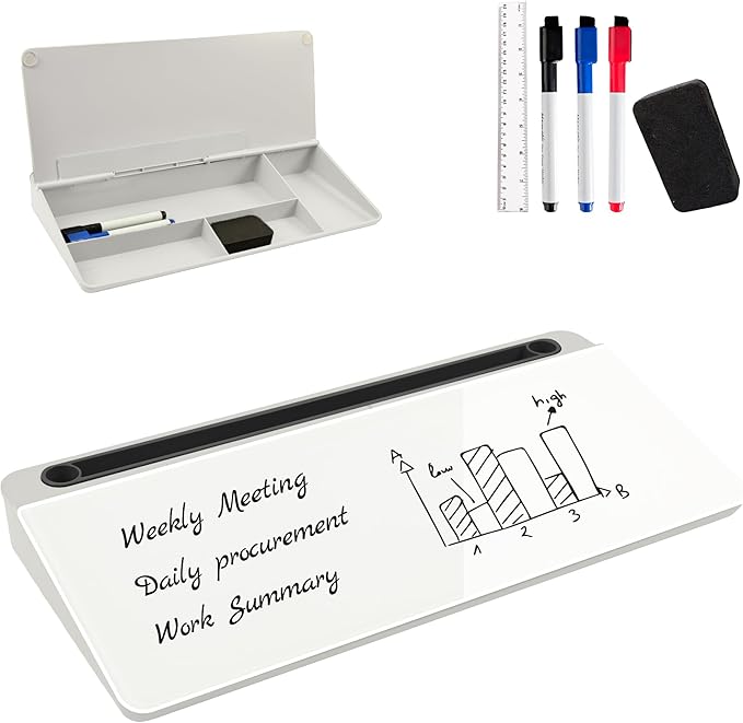 Desktop Whiteboard, Glass Dry Erase Board, Desk Board Buddy,Computer Keyboard Stand,Desk Whiteboard Organizer for Home,Office,School Supplies(Black & White)