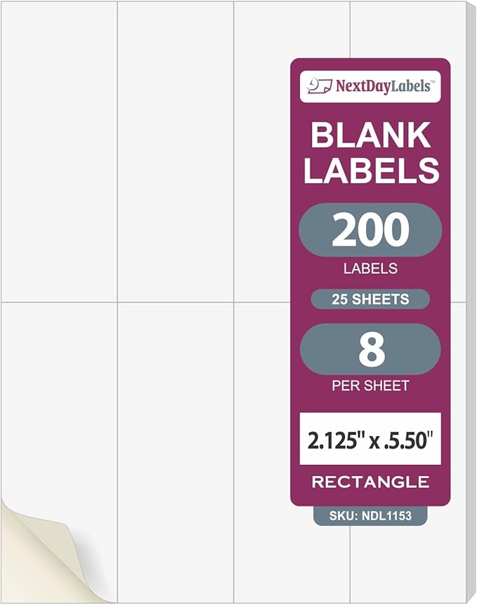 NextDayLabels 2.13x5.5 Inch Rectangle Stickers White Blank Labels for Laser Inkjet Printer - 8 Per Sheet Self-Adhesive Unique Size Label Made in USA - 200 Labels