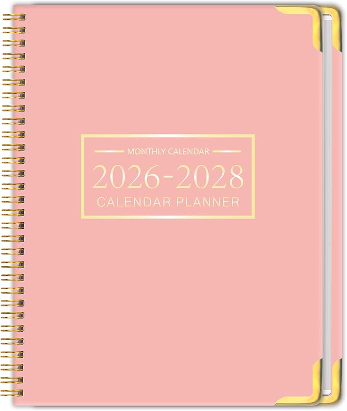Monthly Planner 2026-2028, Hardcover with Metal Corner 3 year calendar 2026-2027-2028 Calendar Book from Jan 2026 - Dec 2028, 9“ x 11”, Spiral Bound,Organizer for Office, School, and Home, Pink