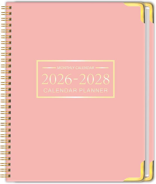 Monthly Planner 2026-2028, Hardcover with Metal Corner 3 year calendar 2026-2027-2028 Calendar Book from Jan 2026 - Dec 2028, 9“ x 11”, Spiral Bound,Organizer for Office, School, and Home, Pink