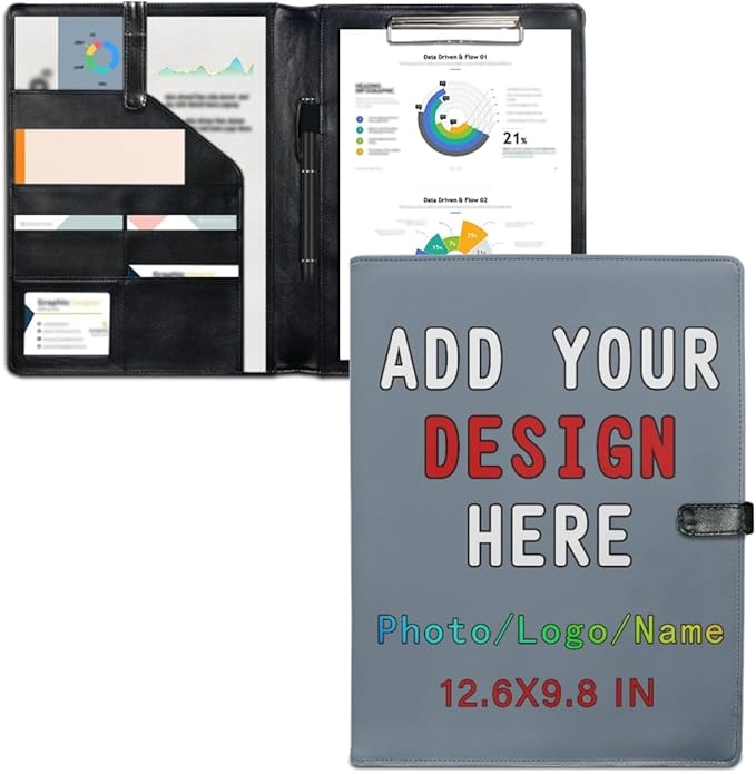 Professional Padfolio with Clipboard, Business Resume Portfolio Folder, Leather Notepad Portfolio Organizer with Logo Text Picture, SlateGray