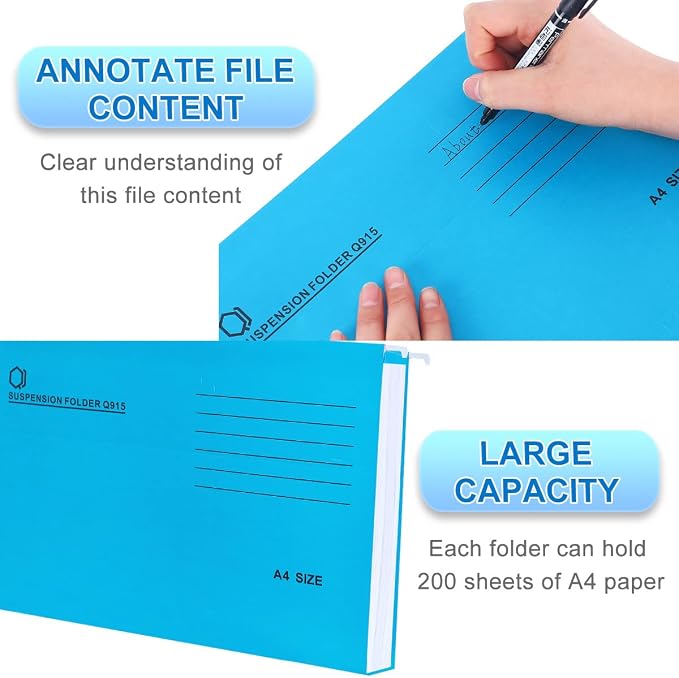A4 Hanging File Folders, 25 Pcs Recycled Card File Folders for Filing Cabinet with Tabs and Card Inserts, Hanging Files Storage Folders for Office and School, Light Blue