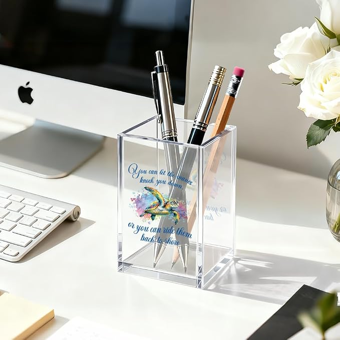 You Can Let The Waves Knock You Down Pen Holder Makeup Organizer, Fun Sea Turtle Pencil Pen Holder for Desk, Ocean Theme Desk Accessories, Beach Decor Organizer Office Gifts for Coworker Friend