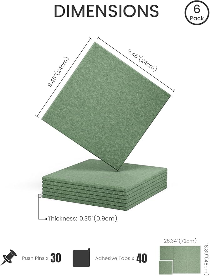Fluxynara Felt Bulletin Board Tiles -28"x18" Cork Board Alternative for Office Decor, Push Pin Board Wall Organizer 6-Pack -Moss Green