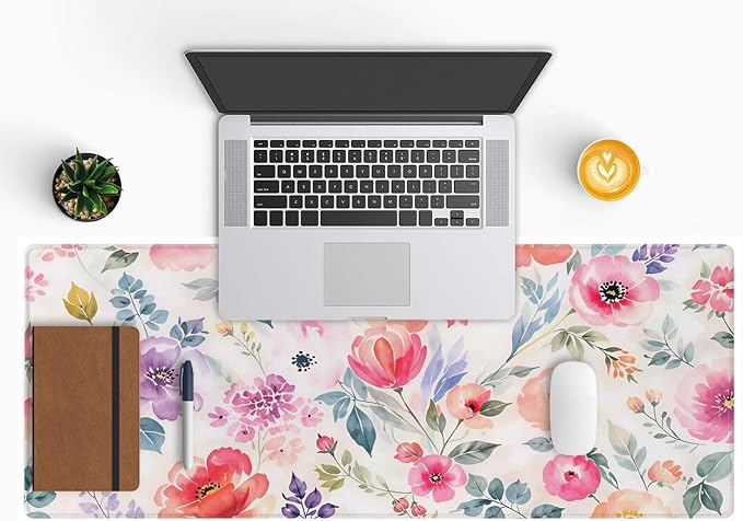 Watercolor Floral Botanical Pattern Desk Mat, Extended Big Mouse Mat for Home and Office, Large Gaming Mousepad Laptop Keyboard Mat with Non-Slip Rubber Base, Stitched Edges (31.50"x11.8"x0.12")