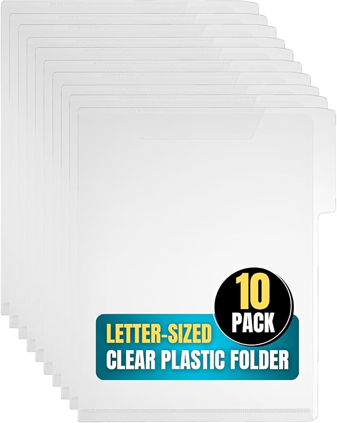 1InTheOffice Clear Plastic Folder, Transparent Plastic Document File, Clear Pockets Folder, Letter Size,10/Pack