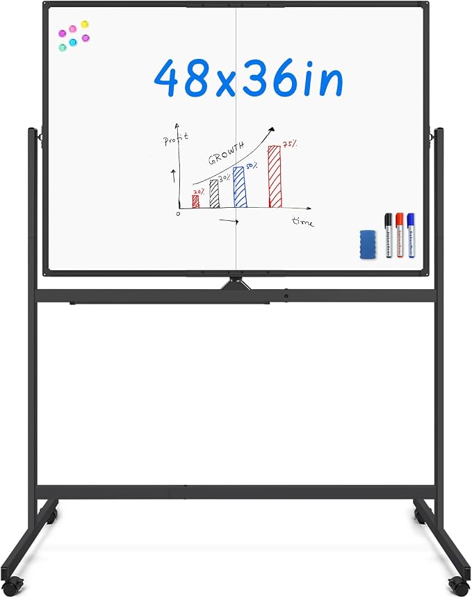 maxtek Rolling Whiteboard, 48x36 Large Magnetic White Board with Stands, Big Double-Sided White Board Dry Erase on Wheels for Homeschool, Home Office, Office, School (Black, 48 x 36)
