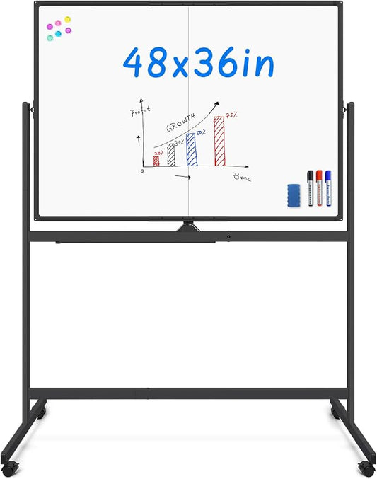 maxtek Rolling Whiteboard, 48x36 Large Magnetic White Board with Stands, Big Double-Sided White Board Dry Erase on Wheels for Homeschool, Home Office, Office, School (Black, 48 x 36)