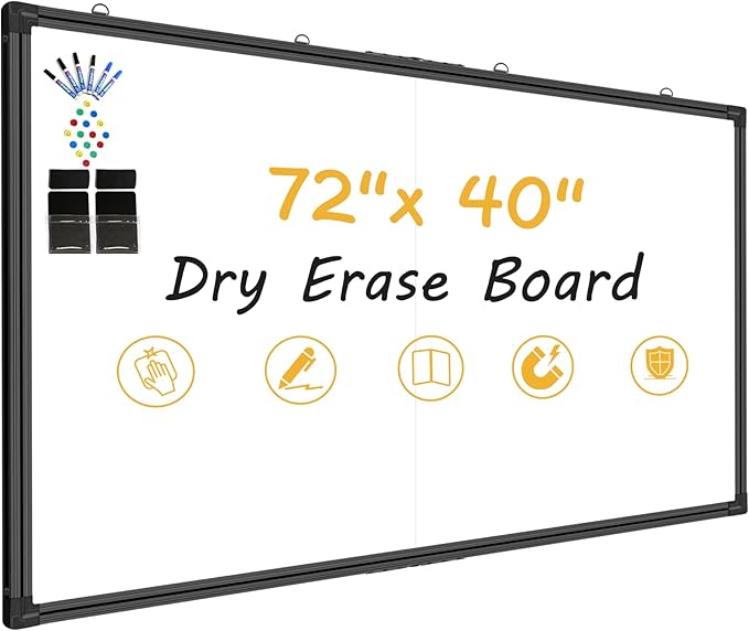 72"x40" Extra Large Magnetic Whiteboard - Pro-Grade Non-Glare Coated Surface, Wall Mounted Dry Erase Board with Black Aluminum Frame for Conference Room & Agile Team (Full Kit Included)
