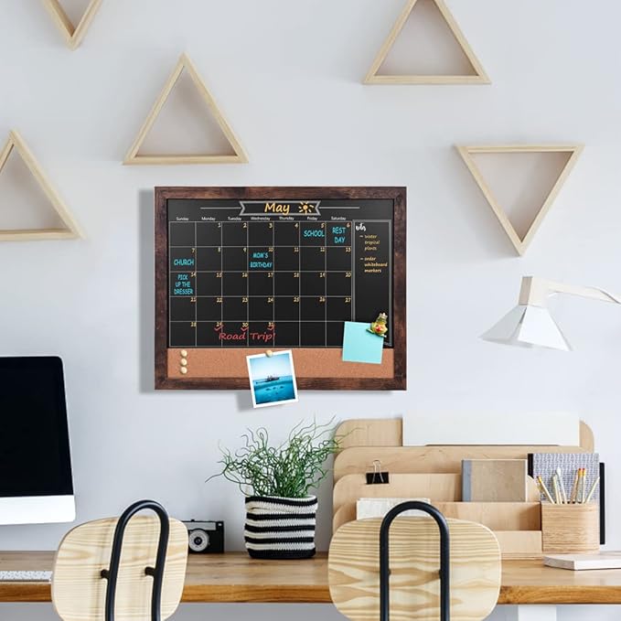 Chalkboard Calendar and Bulletin Combo Board. 13" x 17" Brown Wooden Frame，Magnetic Chalkboard.Perfect for Office, Home School Message Board，HBZHB-BN3442-US
