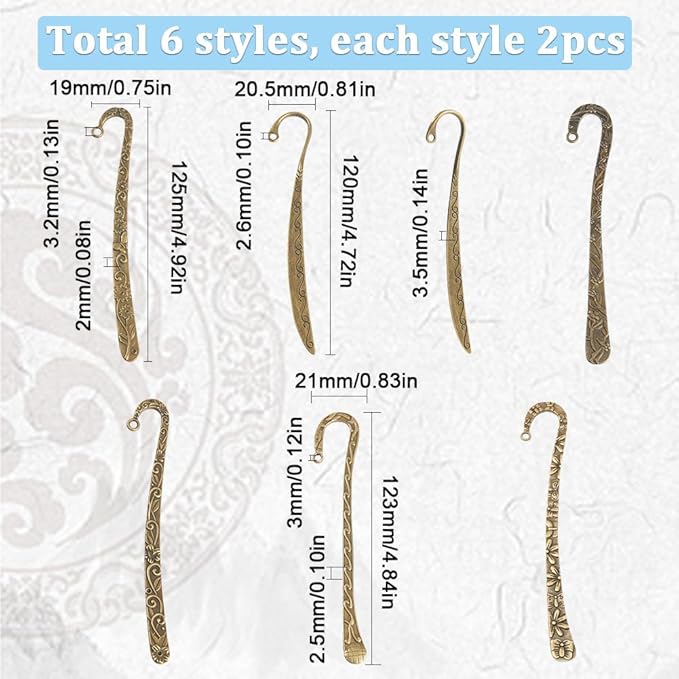 SUNNYCLUE 12Pcs Hook Bookmarks Bulk Tibetan Style Antique Bronze Bookmark Hooks Blanks Flower Carved Hairpin Stripe Metal Book Marks Double Sided Vintage Bookmarks with Loop for Beading Crafting