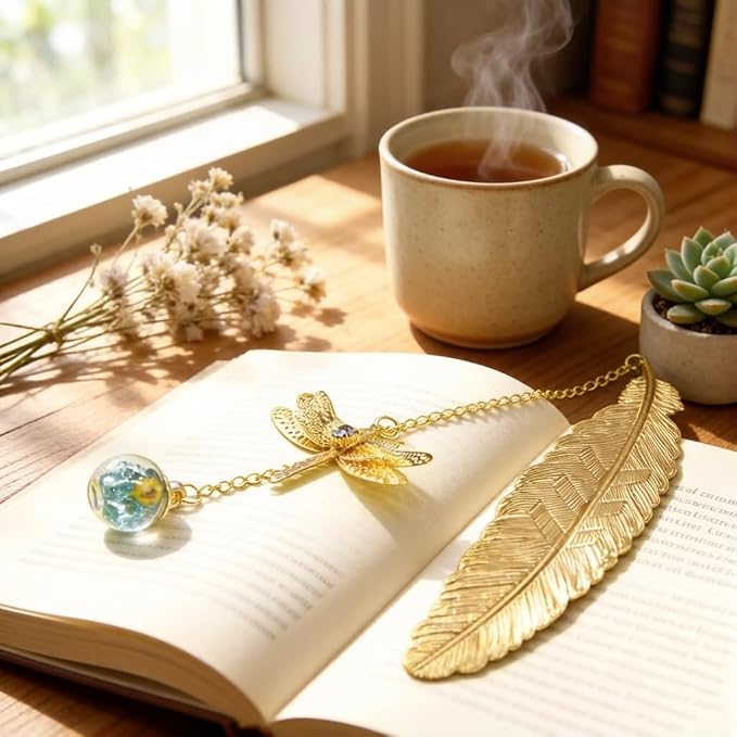 Metal Bookmark with Dragonfly Charms, Feather Book Marks with Pendants, Mothers Day Teacher Appreciation Gifts for Women Grils Mom Readers Book Lovers