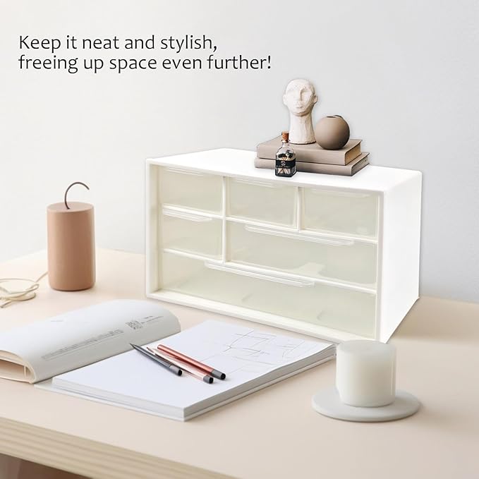 Mini Desk Drawer Organizer with 6 Clear Drawers - 7" x 3.9" x 4.7" Small Plastic Storage Box for Office, Classroom, Crafts, and Home Desktop Organization